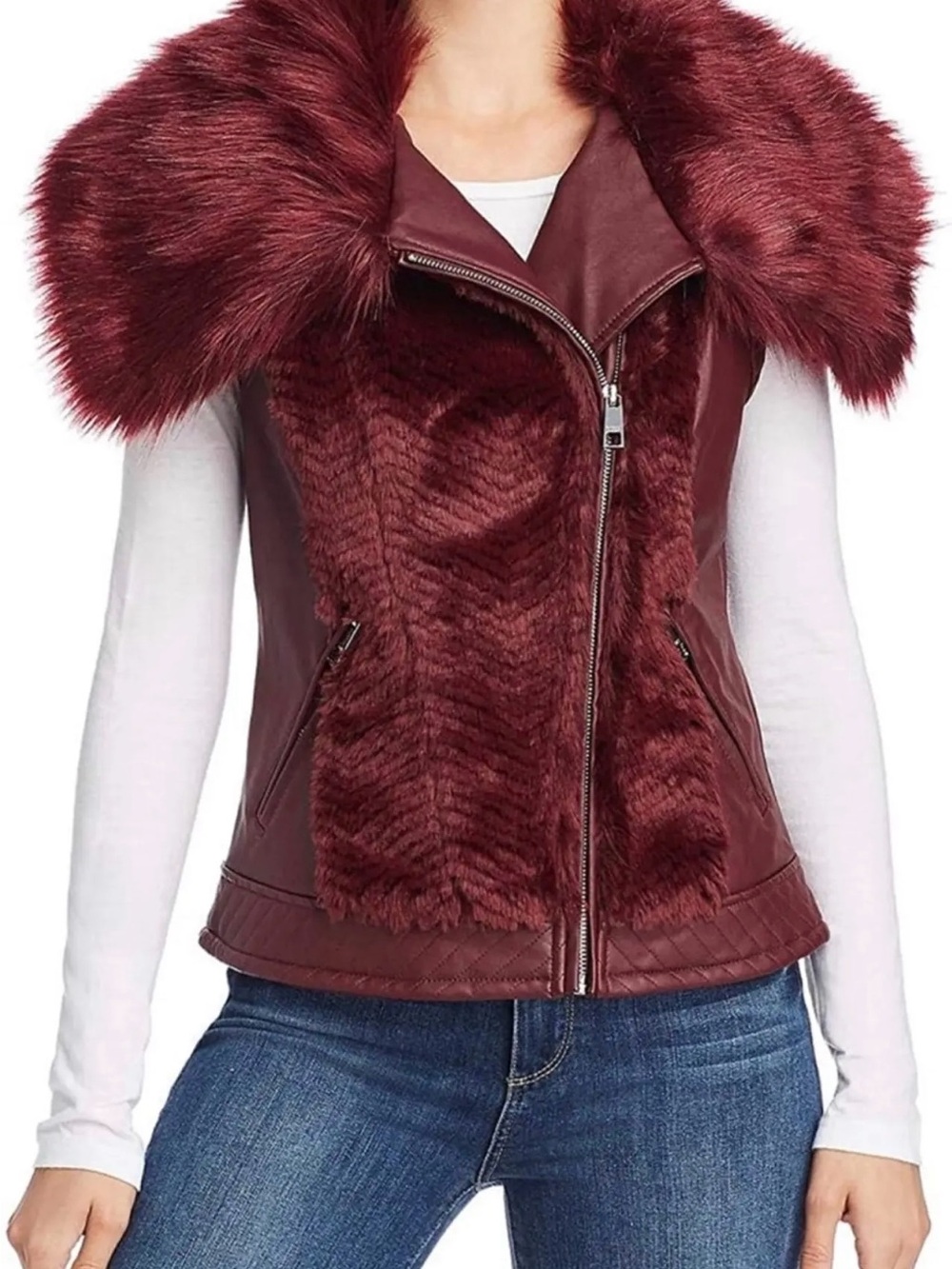 Guess Women's Wine Faux Fur Trim Zip Vest